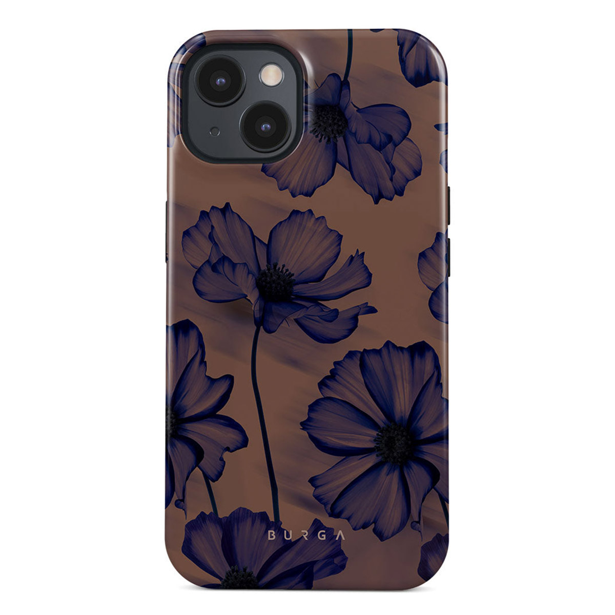 Telefoonhoesje met een bloemenpatroon van blauwe bloemen op een bruine achtergrond. De camera is zichtbaar.
