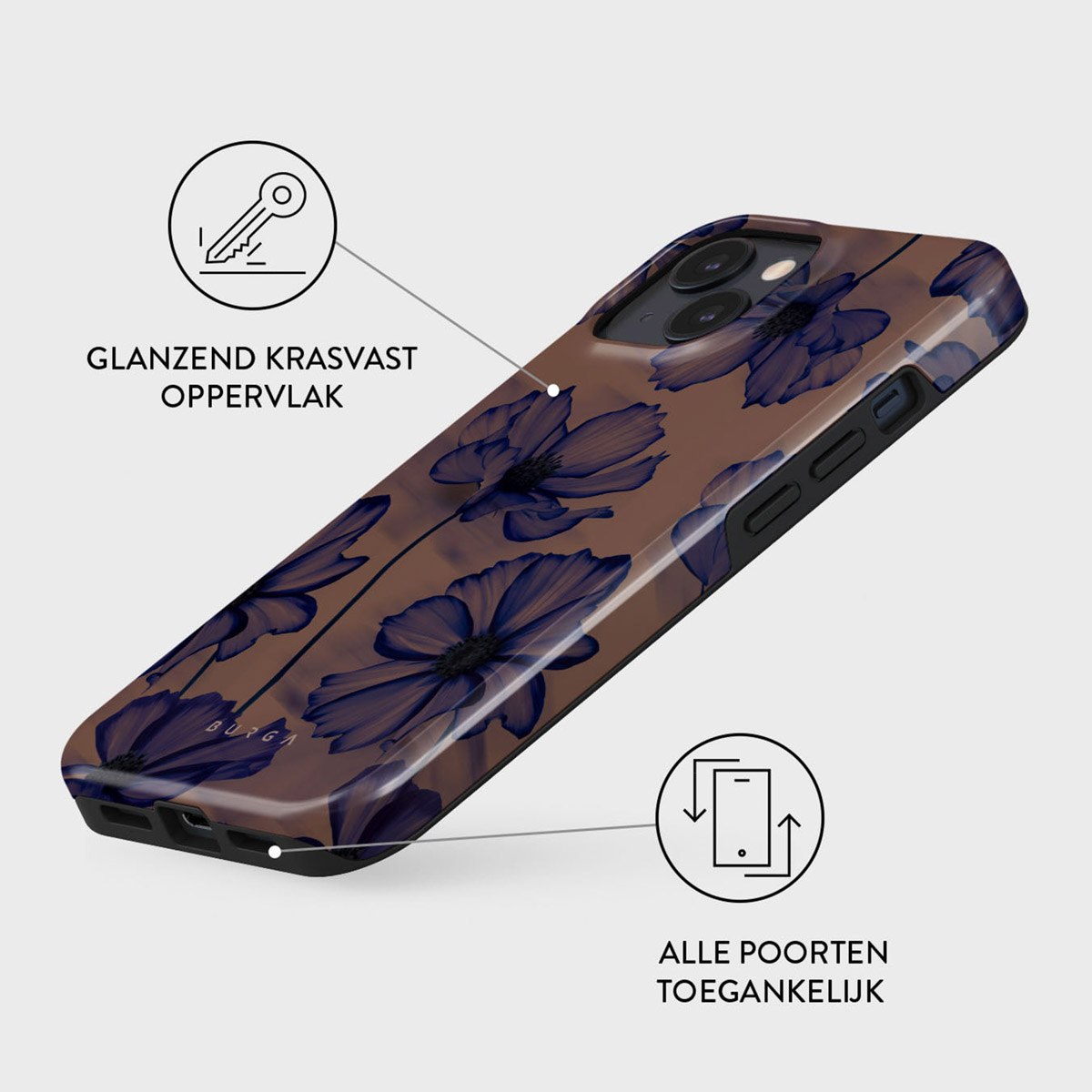Een telefoonhoesje met bloemenpatroon. De bloemen zijn blauw op een bruine achtergrond. De hoes heeft een glanzende afwerking. Tekst in het Nederlands.