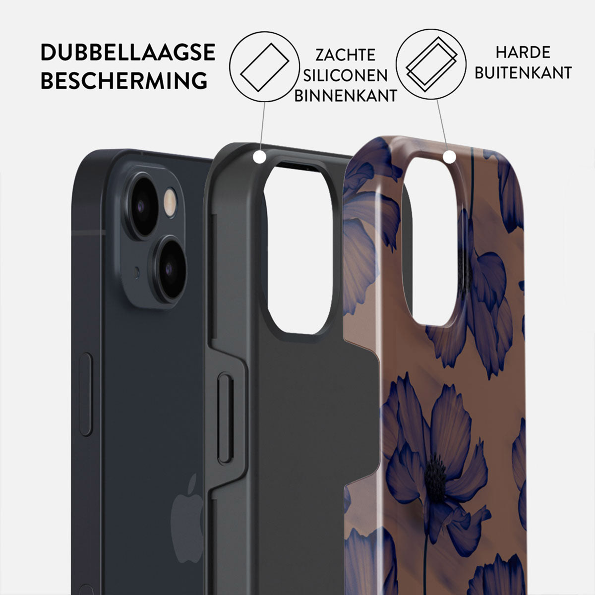 Telefoonhoes lagen: telefoon, zwart siliconen, bloemenprint. Tekst: dubbellaagse bescherming, zacht siliconen binnenkant, harde buitenkant.