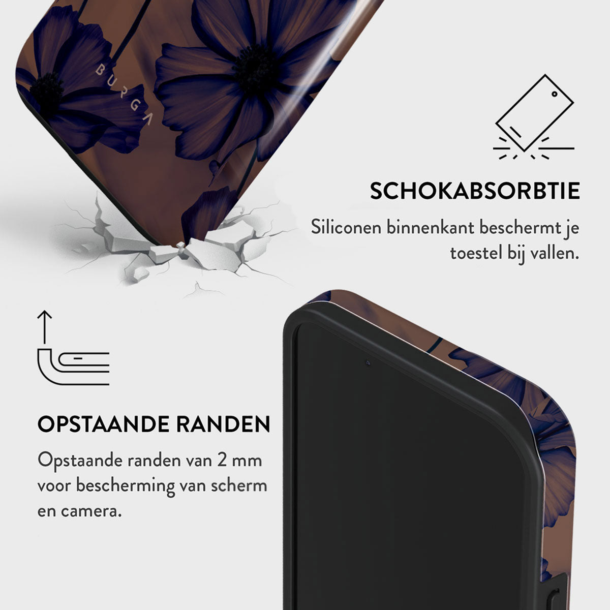 Telefoonhoesje met bloemenontwerp. Toont de kenmerken van de hoes: schokabsorptie en opstaande randen voor scherm- en camerabescherming.