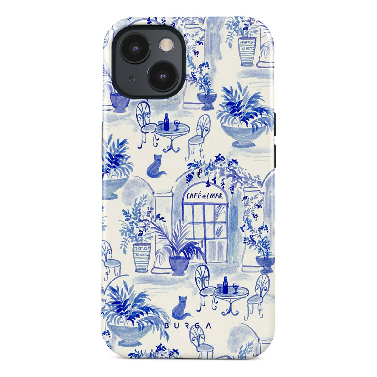 Blauw en wit telefoonhoesje ontwerp met caféscène, tafels, stoelen, planten, katten en een 'Cafe del Mar' bord.