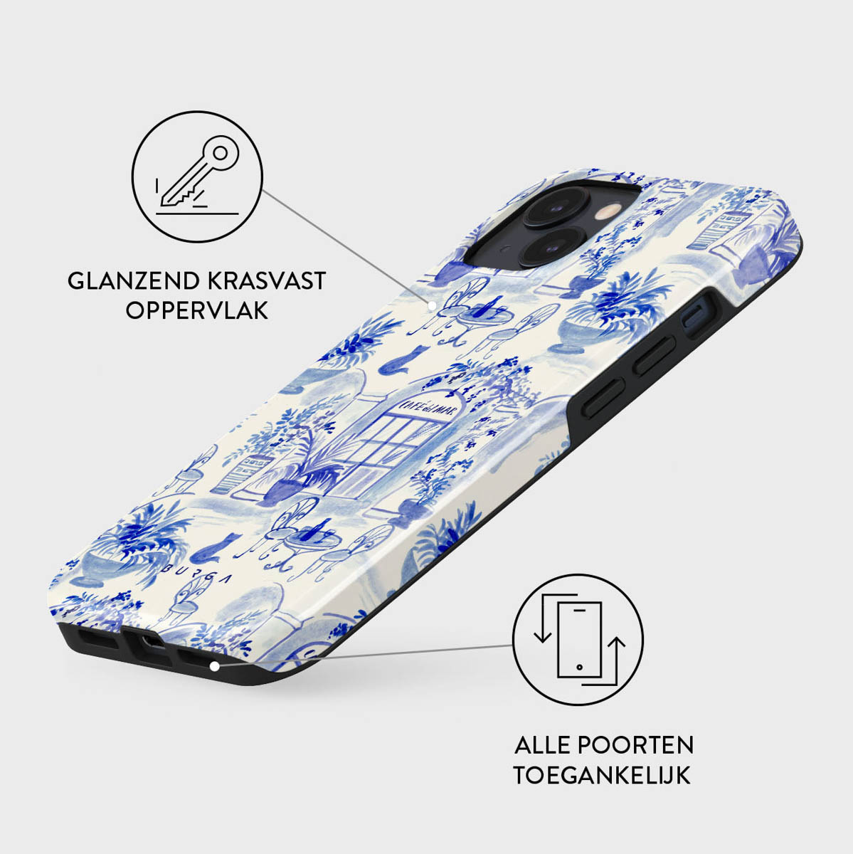 Een telefoonhoesje met een blauw en wit bloemenontwerp. Tekst luidt 'glanzend krasvast oppervlak' en 'alle poorten toegankelijk'.