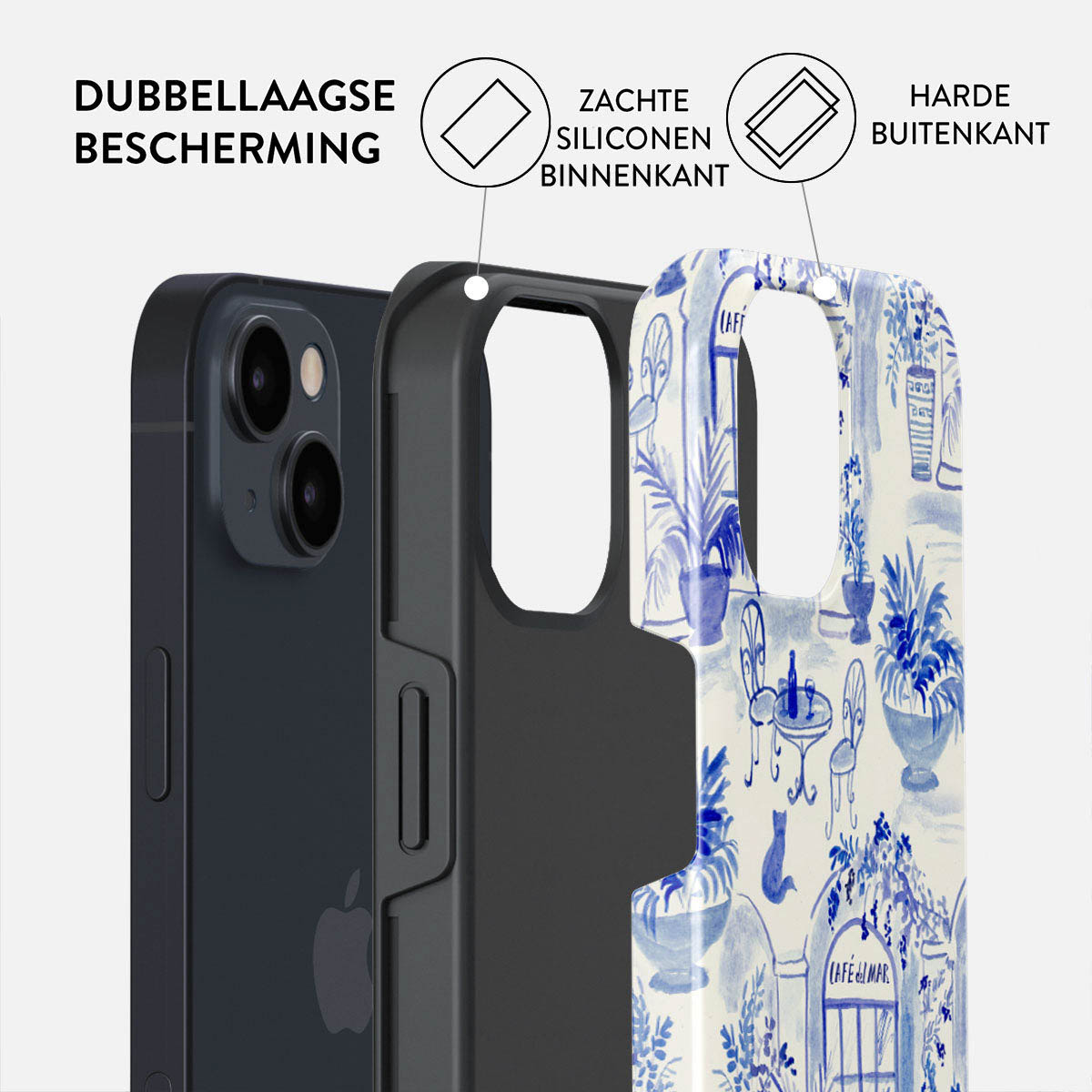 Afbeelding toont telefoonhoeslagen. Een donkere telefoon, een zwarte siliconenlaag en een blauw-wit patroon buitenhoesje. Tekstlabels.