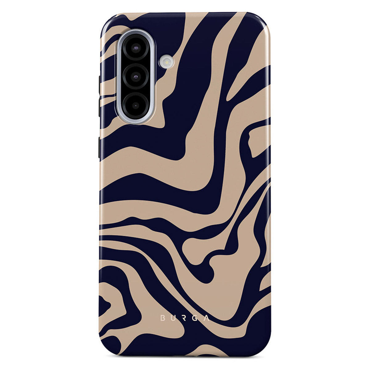 Een telefoonhoesje met een wervelend patroon van marineblauw en beige. De hoes heeft een cameramodule en het merk 'BURGA'.