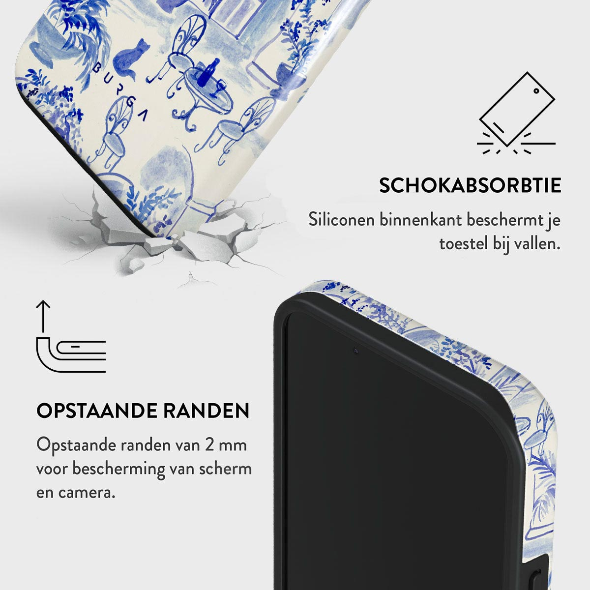 Telefoonhoesje met blauw bloemmotief en tekst. Toont details van de hoes en de beschermende eigenschappen, zoals opstaande randen en schokabsorptie.