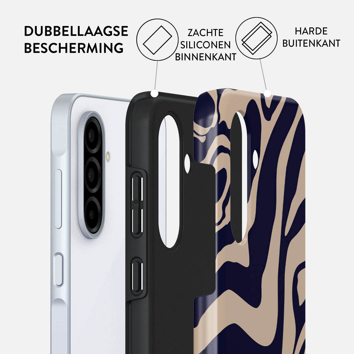 Een telefoon met een beschermhoes in lagen. De hoes heeft een patroonontwerp, met een harde buitenkant en een zachte siliconen binnenkant.