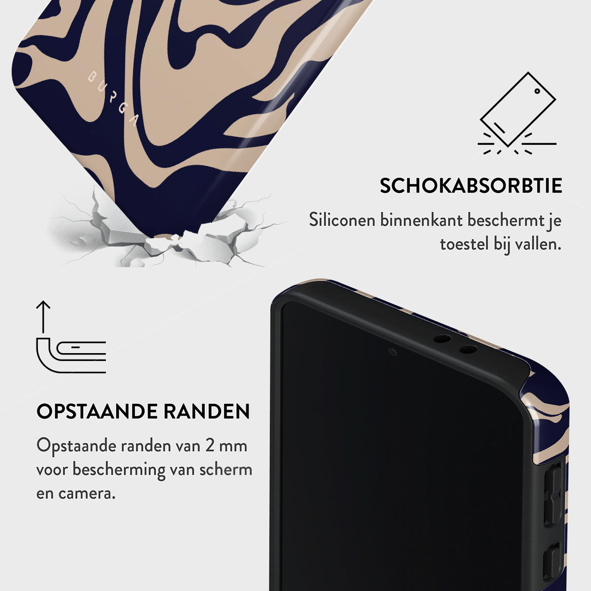 Een telefoonhoesje met een marineblauwe en beige patroon wordt getoond. Details: verhoogde randen en schokabsorptie.