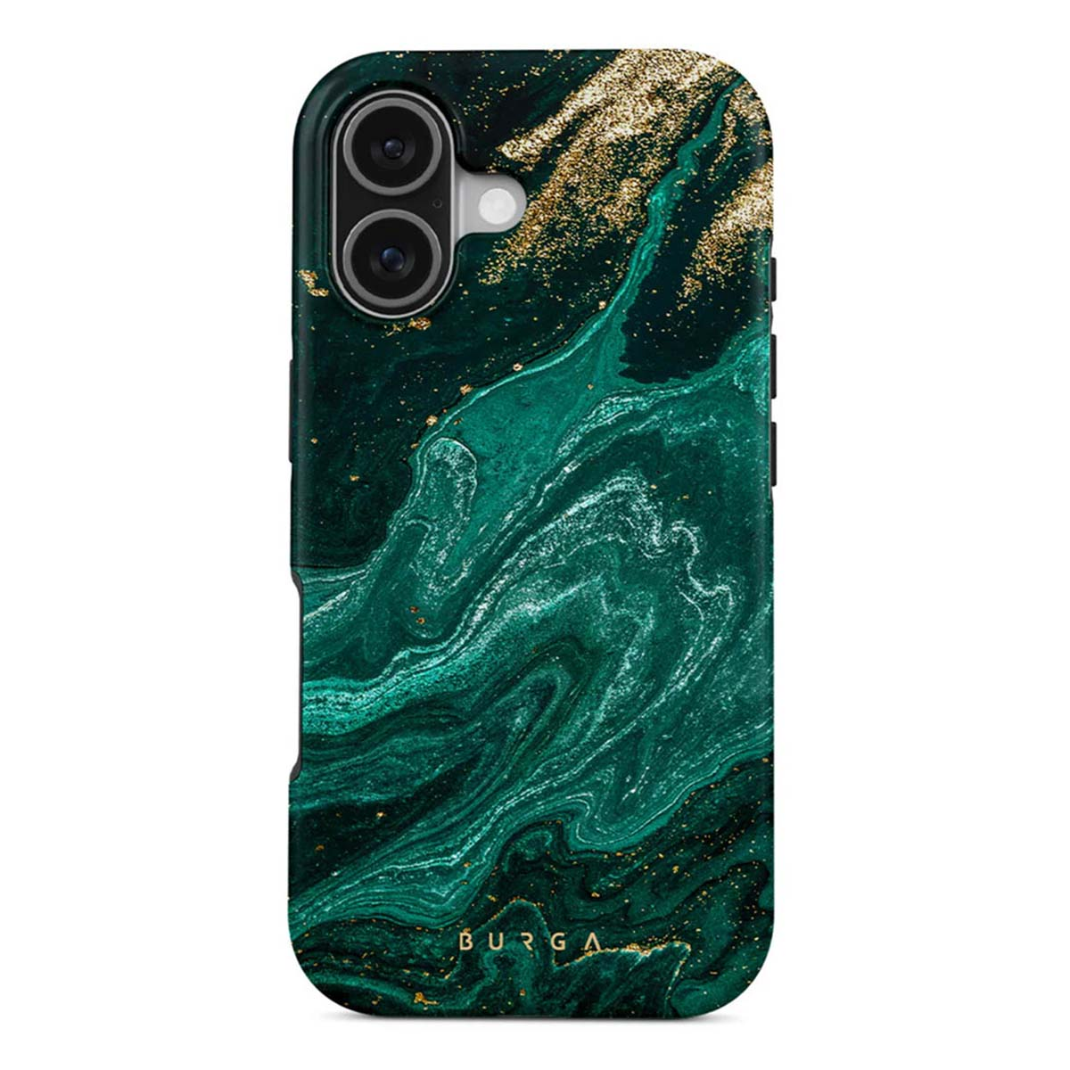 Telefoonhoesje met een groen en goud marmer design. Voorzien van camera-uitsparingen en het merk 'BURGA'.