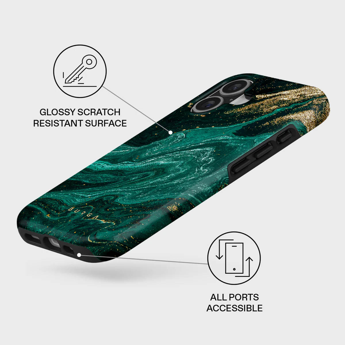 Telefoonhoesje met groen marmer design en gouden accenten. Tekstlabels vermelden glanzend oppervlak en toegankelijke poorten. Het merk BURGA is zichtbaar.