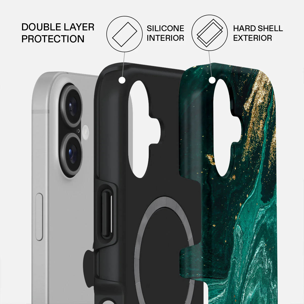 Doorsnede van een telefoonhoesje met dubbele bescherming. Siliconen binnenkant en harde schaal buitenkant zijn gemarkeerd. Groen en goud marmer ontwerp.