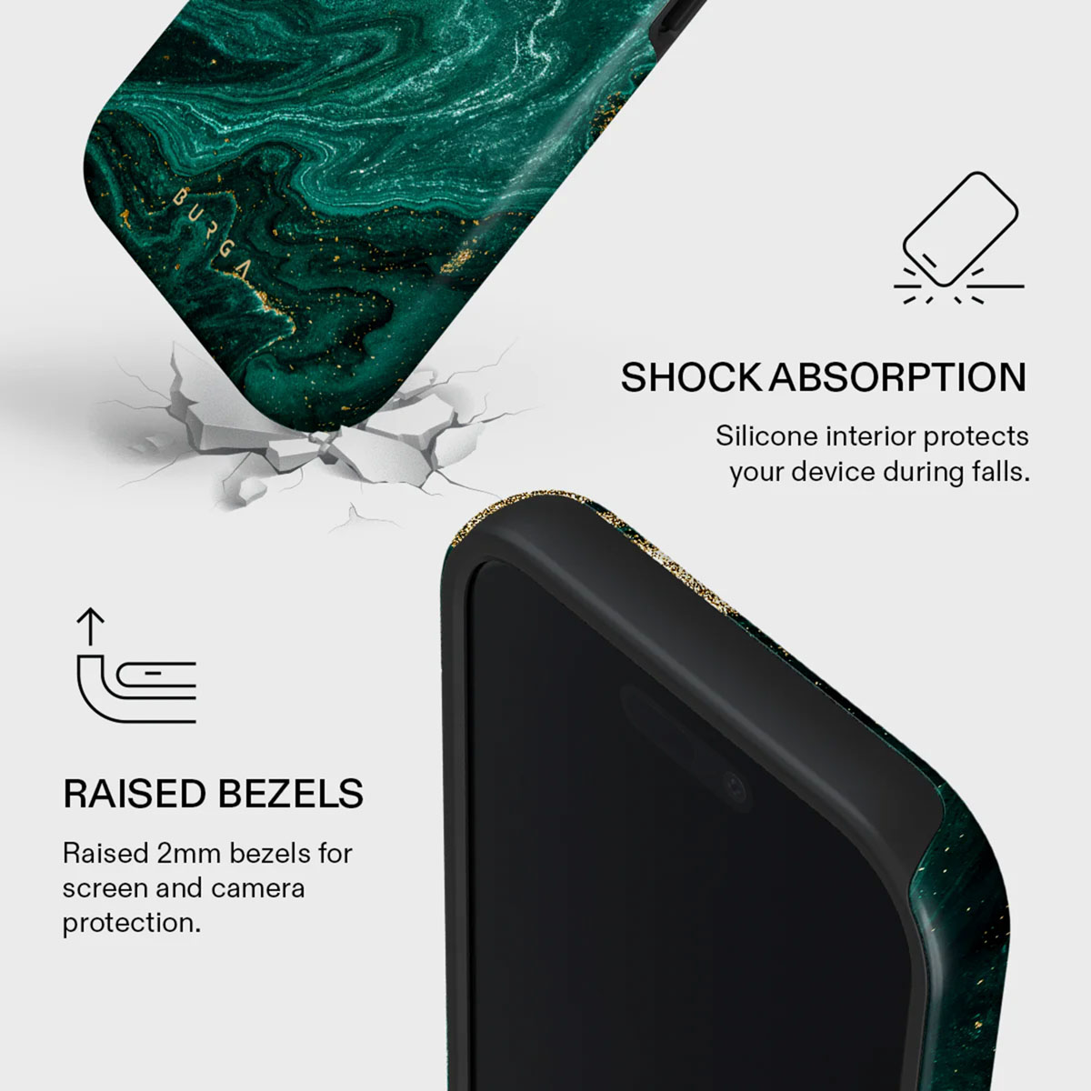 Een telefoonhoesje met groen marmerontwerp. Tekst benadrukt schokabsorptie en verhoogde randen voor scherm- en camerabescherming.