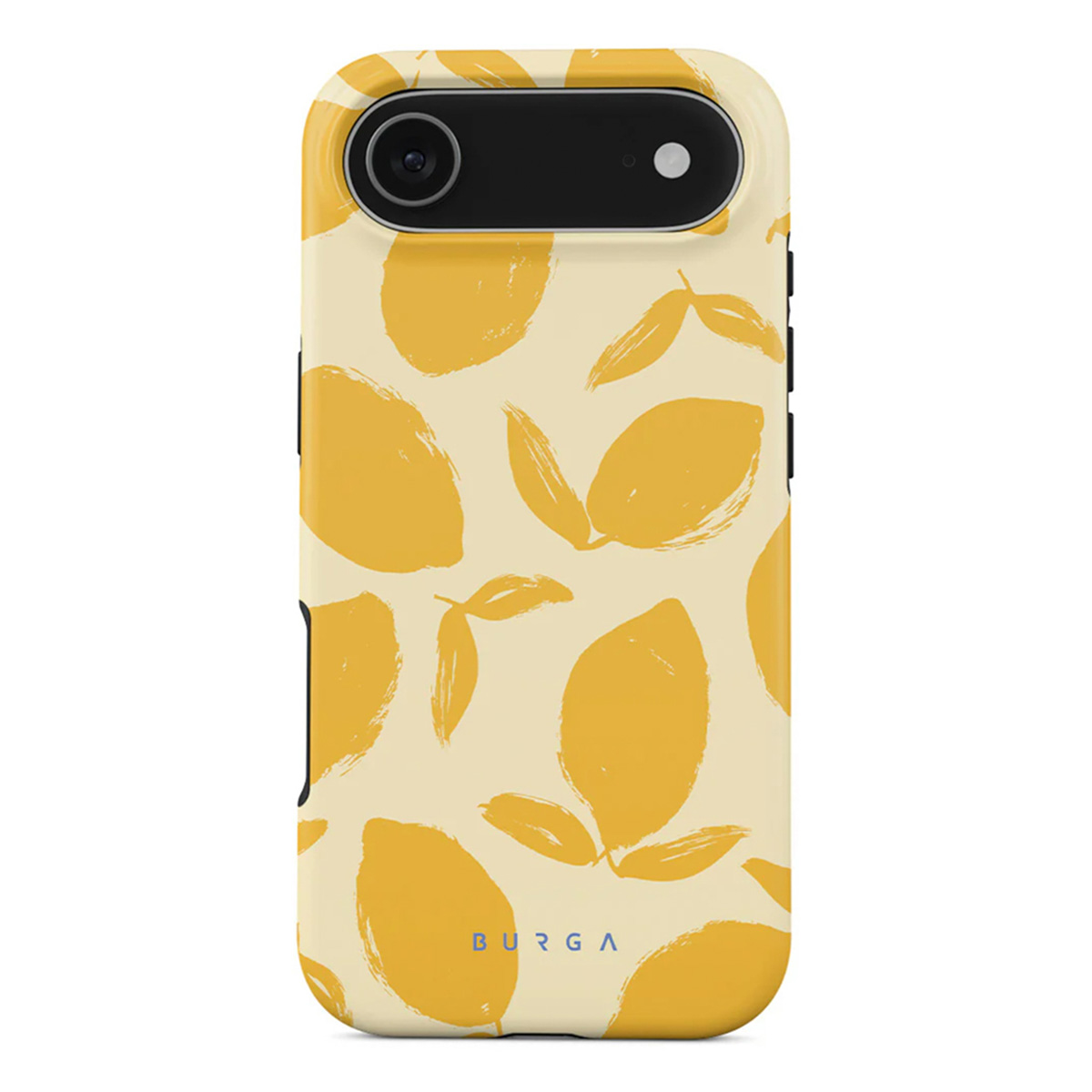 Een telefoonhoesje met een citroenpatroon. De hoes is crèmekleurig met gele citroenen en bladeren. De merknaam staat onderaan.