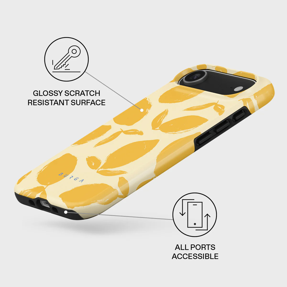 Een telefoonhoesje met geel bladerpatroon op een crèmekleurige achtergrond. Tekst geeft krasbestendigheid en toegankelijke poorten aan.