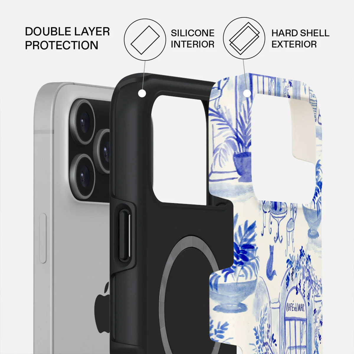 Telefoonhoesje met dubbele beschermlaag, siliconen binnenkant en harde buitenkant. Hoesje toont een blauw en wit café-ontwerp.