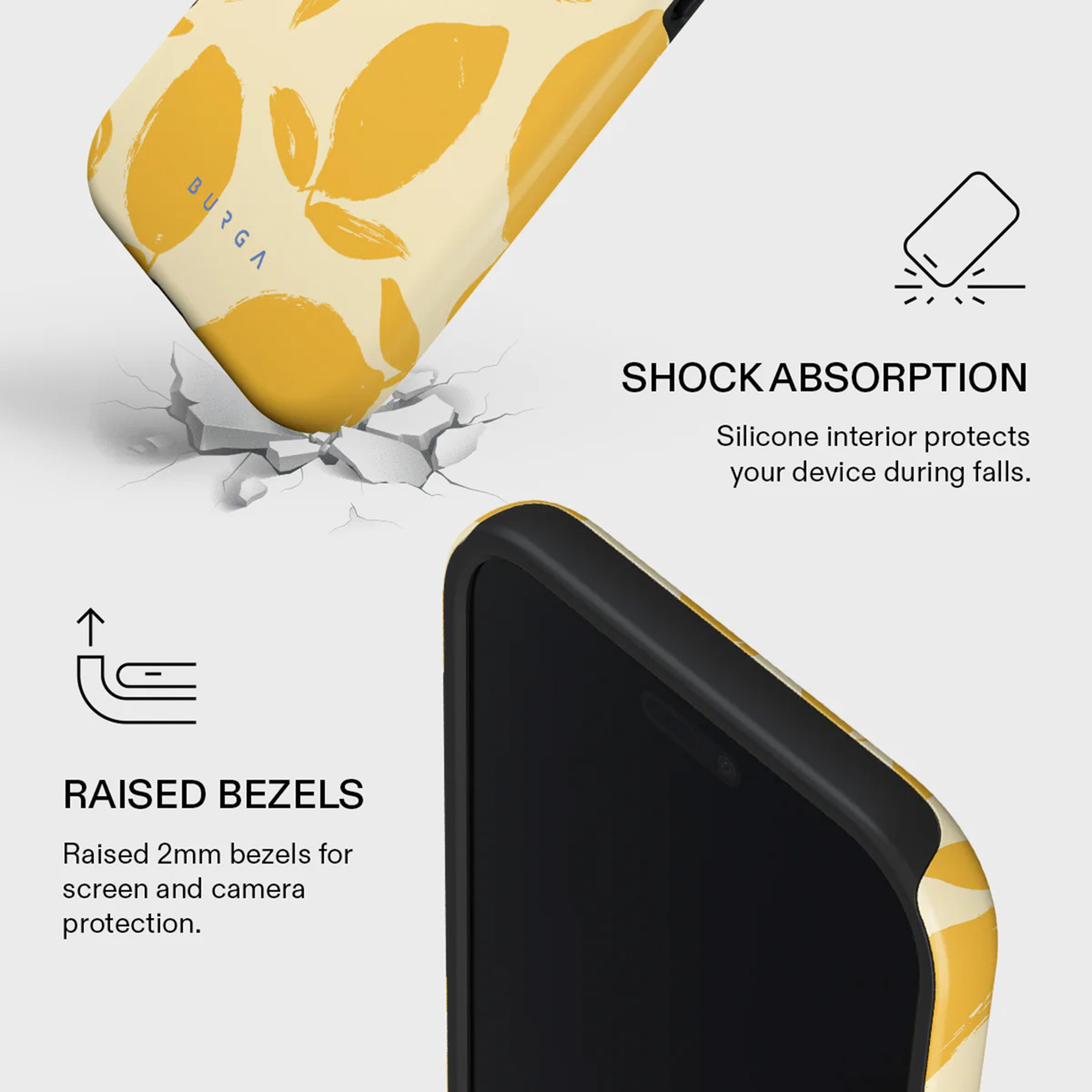 Een telefoonhoesje met een geel bladeren design. Het heeft schokabsorptie en verhoogde randen voor scherm- en camerabescherming.