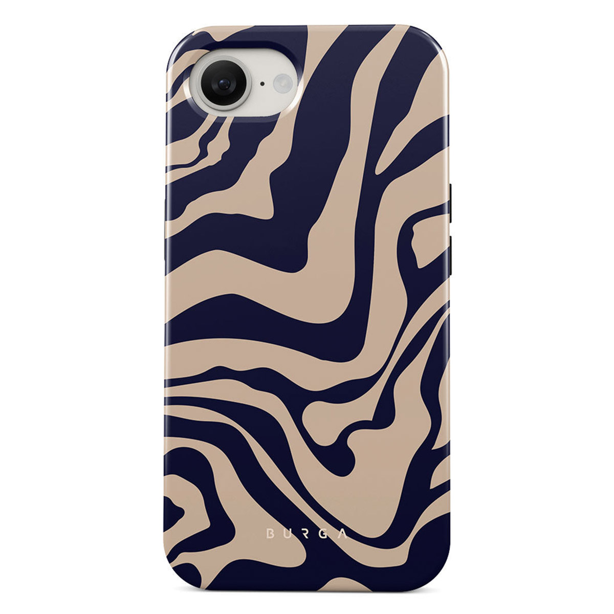 Telefoonhoesje met een wervelend patroon in beige en marineblauw. De hoes heeft een camera en het merk 'BURGA' is zichtbaar.