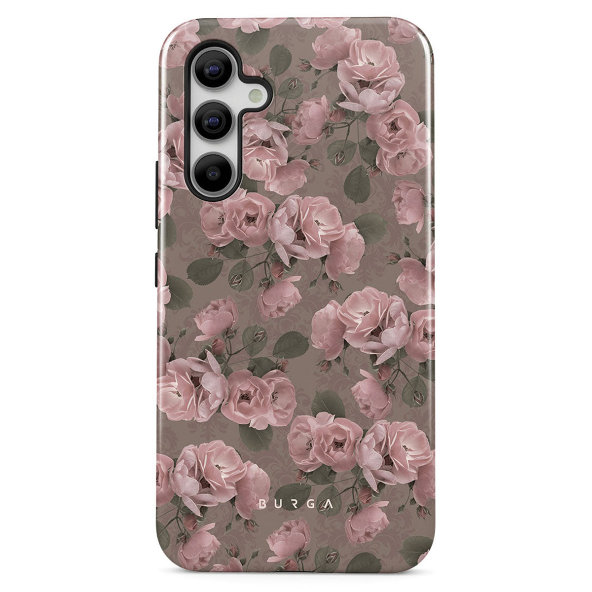 Een telefoonhoesje met een patroon van roze rozen en groene bladeren op een bruine achtergrond, met het BURGA-logo.
