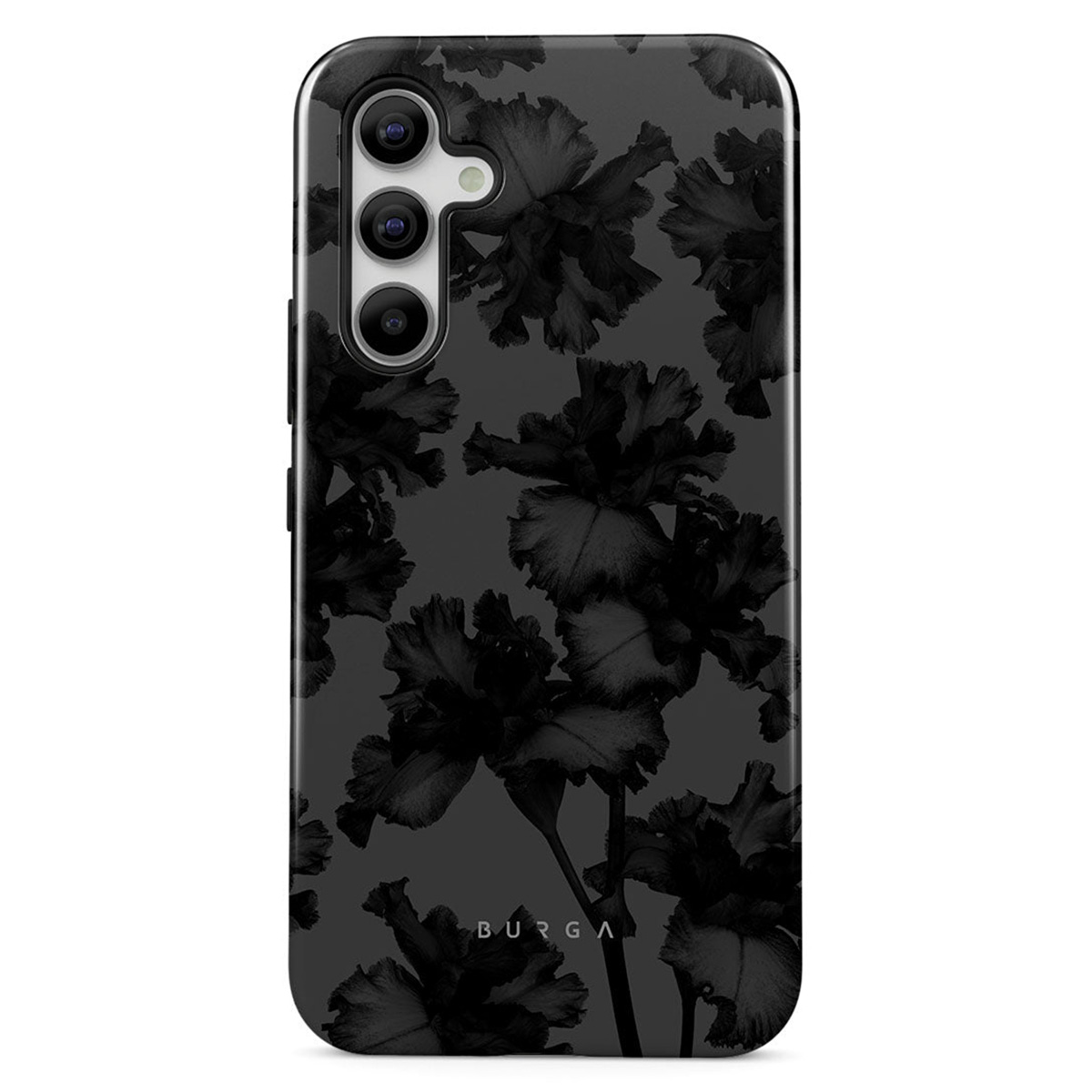 Een telefoonhoesje met een bloemenpatroon. Zwarte bloemen op een grijze achtergrond. De merknaam BURGA staat onderaan.