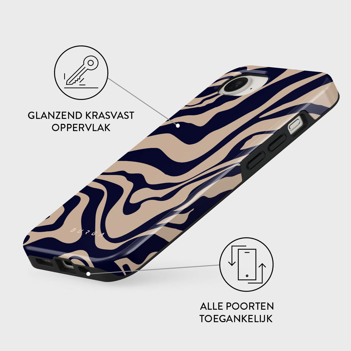 Een telefoonhoesje met een marineblauw en beige golfpatroon. De hoes is glanzend, krasbestendig en heeft toegankelijke poorten.