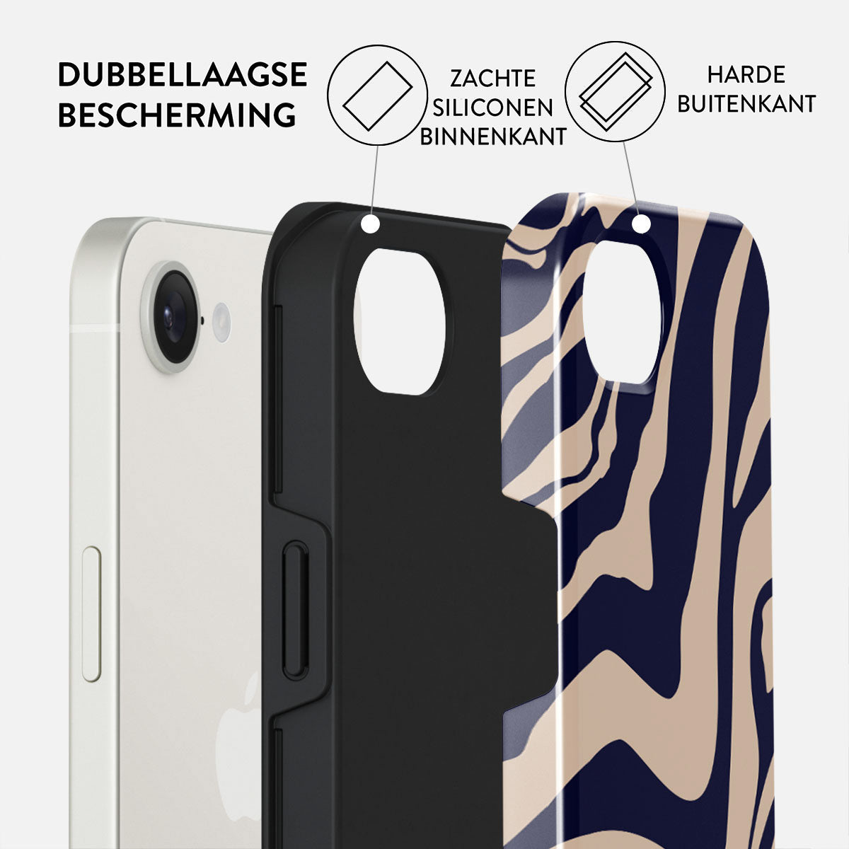 Afbeelding van een telefoon met hoesje. De hoes heeft een zachte binnenlaag en een harde buitenlaag met een zebrapatroon.