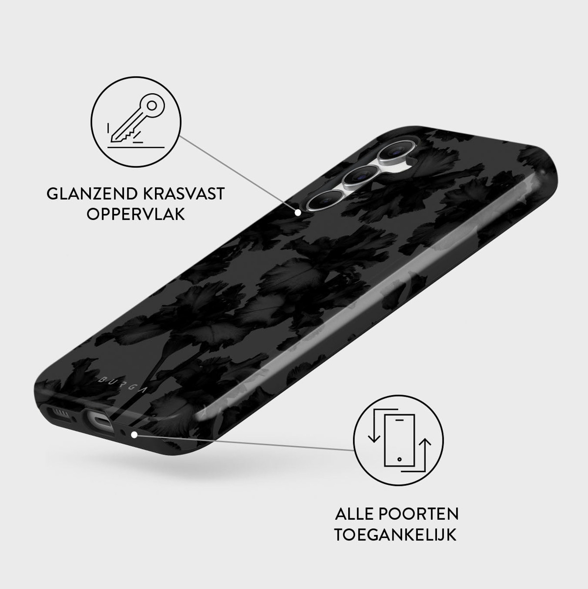 Een telefoonhoesje met een bloemenpatroon wordt getoond. Tekst geeft een glanzend, krasbestendig oppervlak en toegankelijke poorten aan. Er is een sleutelpictogram aanwezig.