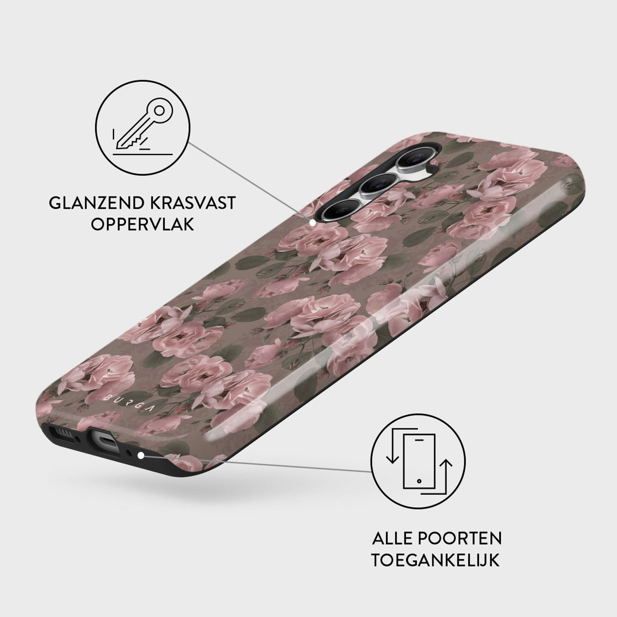 Telefoonhoesje met roze rozenpatroon. Glanzend, krasbestendig oppervlak. Sleutel- en telefoonpoort-iconen. Nederlandse tekst.