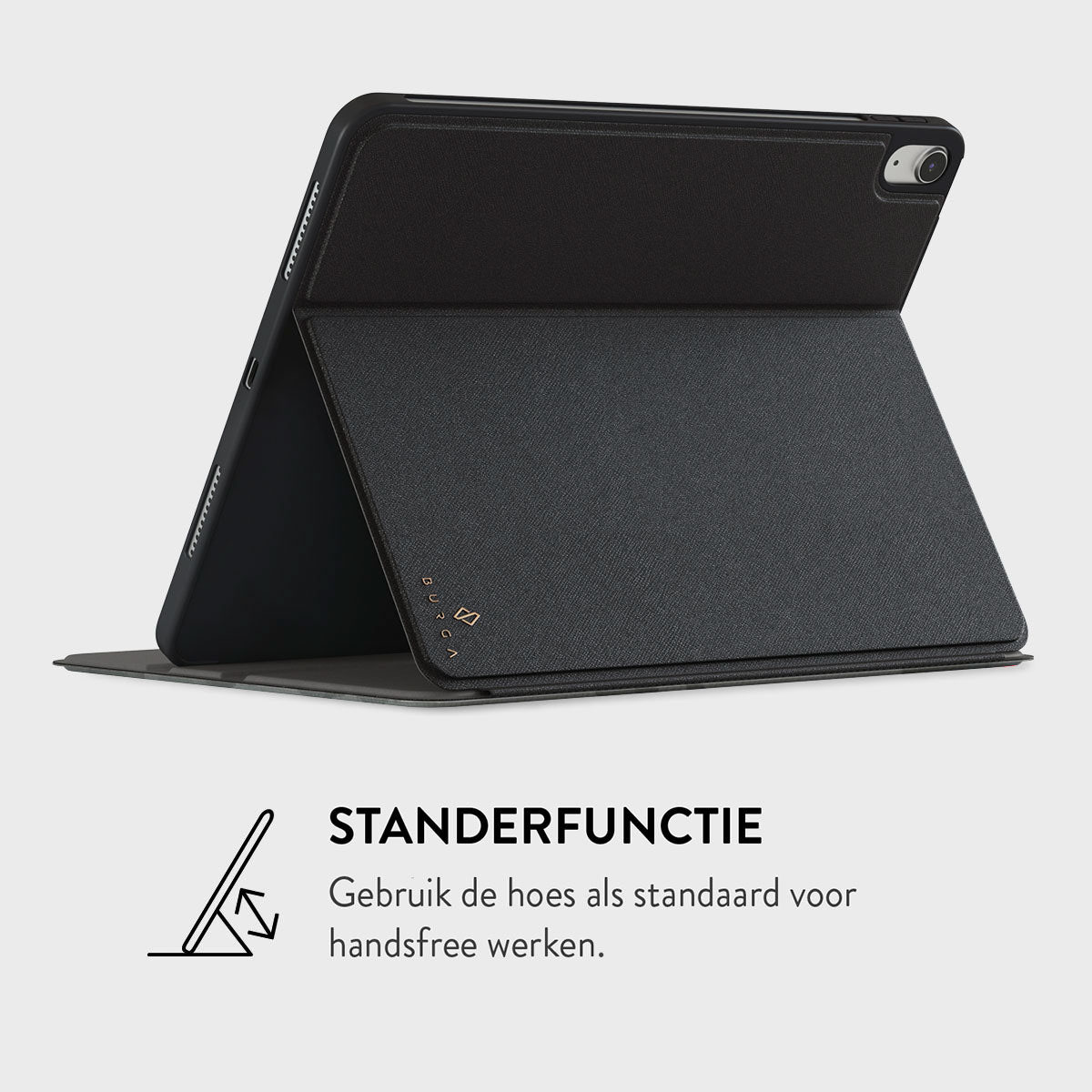 A black tablet case with a stand function. The case is open, showing the tablet. Text says 'stand function' and instructions.