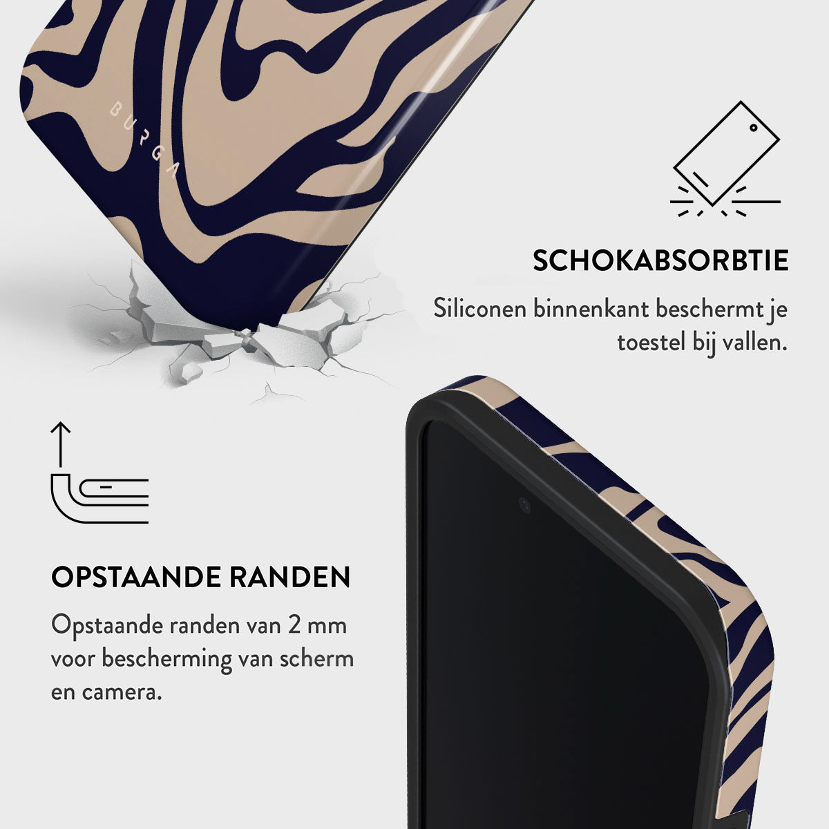 Telefoonhoesje met beige en donkerblauw patroon. Tekst: schokabsorptie, verhoogde randen voor scherm- en camerabescherming.