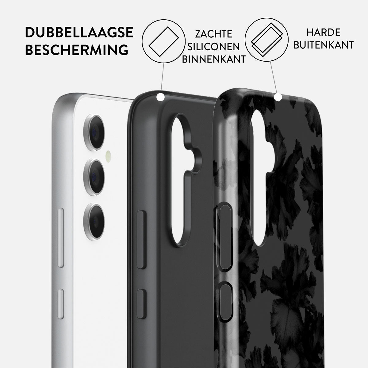 Afbeelding toont telefoonhoesjes. Eén is wit, de andere zwart met bloemmotief. Tekst geeft dubbellaagse bescherming aan.