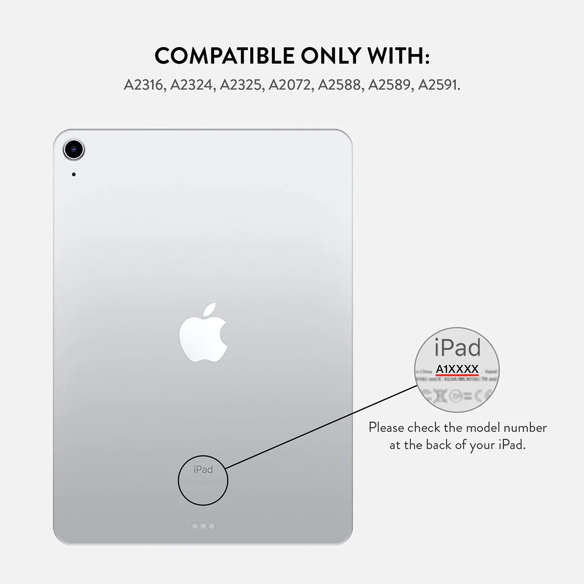 An iPad with a white back, Apple logo, and a circular area indicating where to find the model number. Text states compatible models.