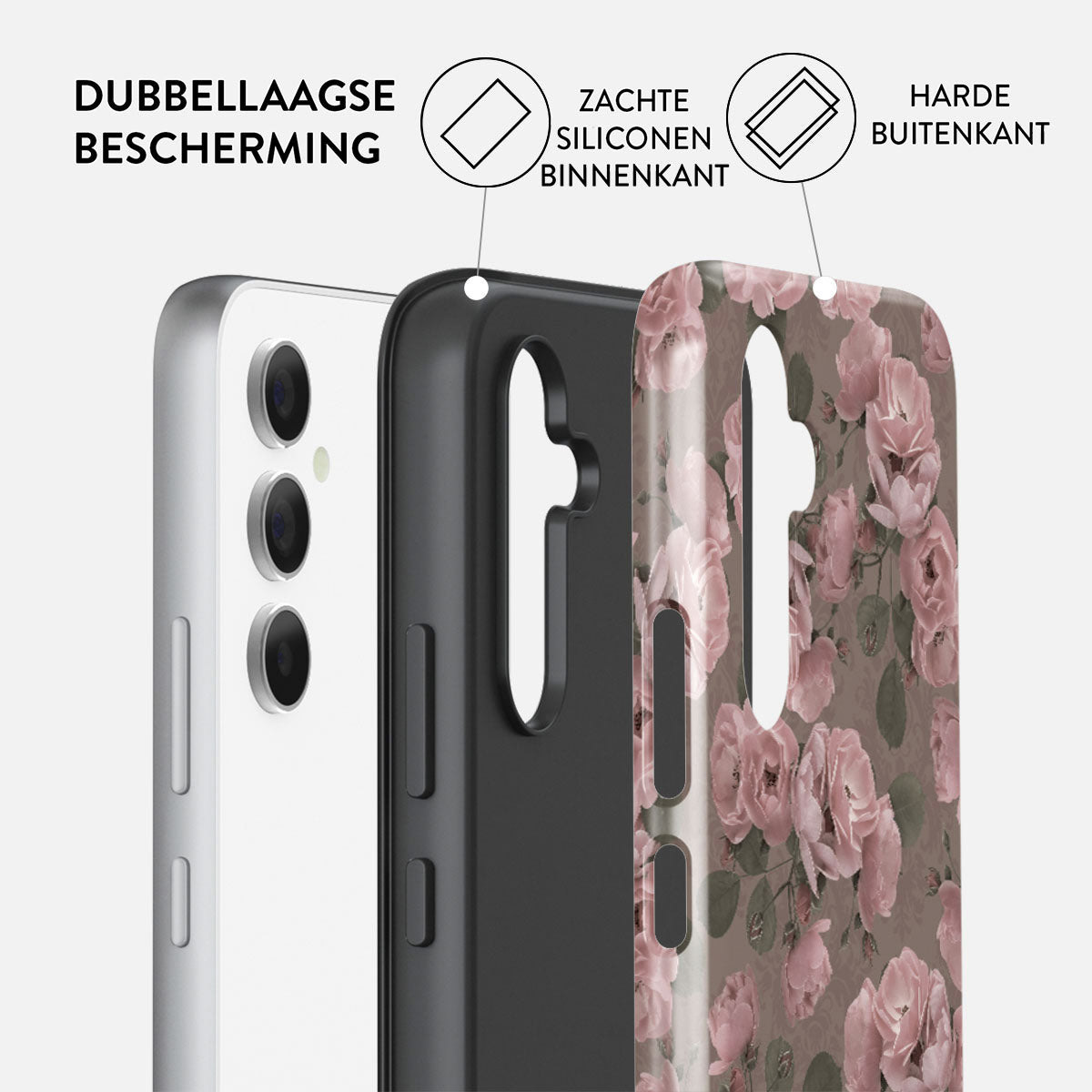 Een telefoon met een drielaagse hoes. De lagen zijn wit, zwart en bloemen. De tekst geeft dubbele bescherming, zachte siliconen binnenkant en harde buitenkant aan.