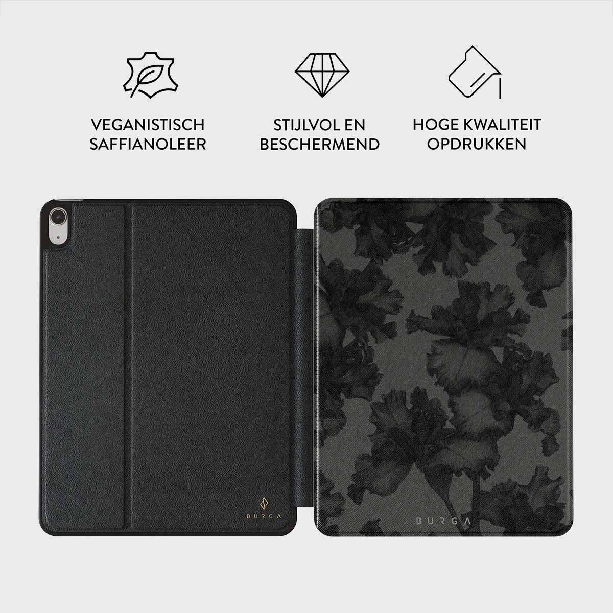 An open black tablet case with a floral design on the right and text: vegan leather, stylish, and high quality print.