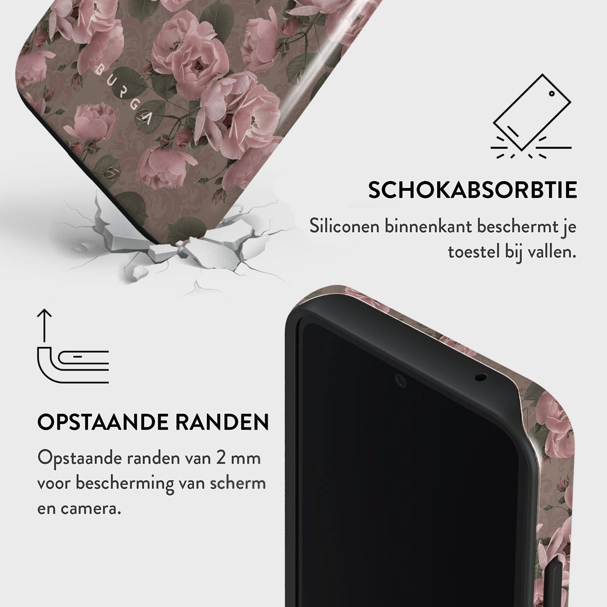 Telefoonhoesje met bloemenpatroon, telefoonscherm en tekst over schokabsorptie en verhoogde randen ter bescherming van scherm en camera.