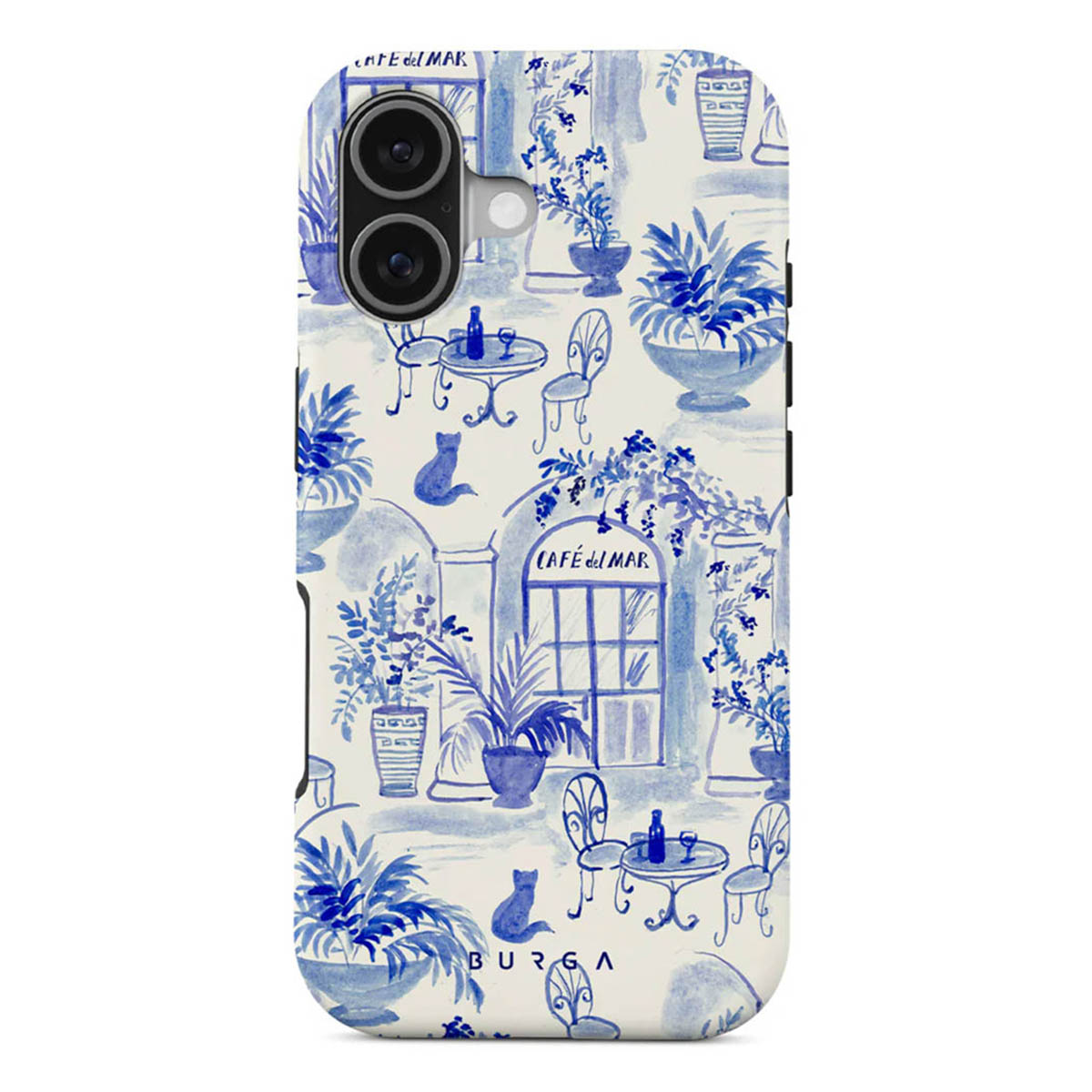 Blauw-witte telefoonhoes met caféscène. Inclusief planten, tafels, stoelen, katten en een 'Cafe del Mar'-bord.