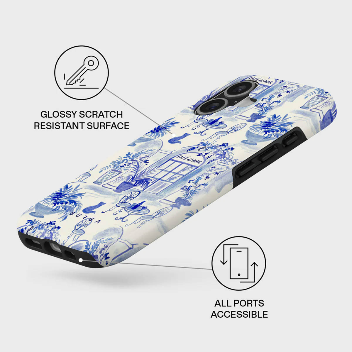 Een telefoonhoesje met een blauw-wit ontwerp met een caféscène. Het heeft een glanzend, krasbestendig oppervlak en toegankelijke poorten.
