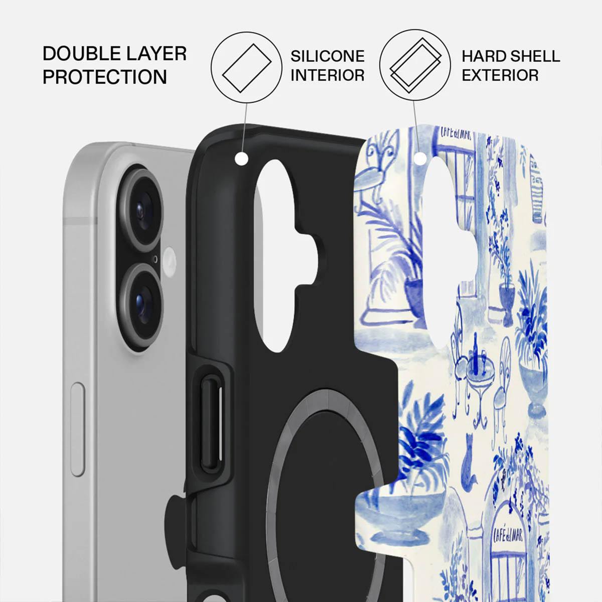 Telefoonhoeslagen: zilveren telefoon, zwarte siliconen binnenkant, harde schaal buitenkant met blauw bloemenpatroon. Tekst: dubbele laag bescherming.