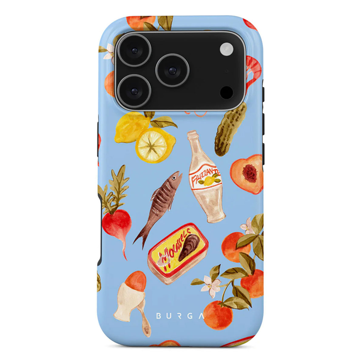 Lichtblauwe telefoonhoes met voedselillustraties: vis, citroenen, perzik, mosselen en sinaasappels. Er is ook een fles.