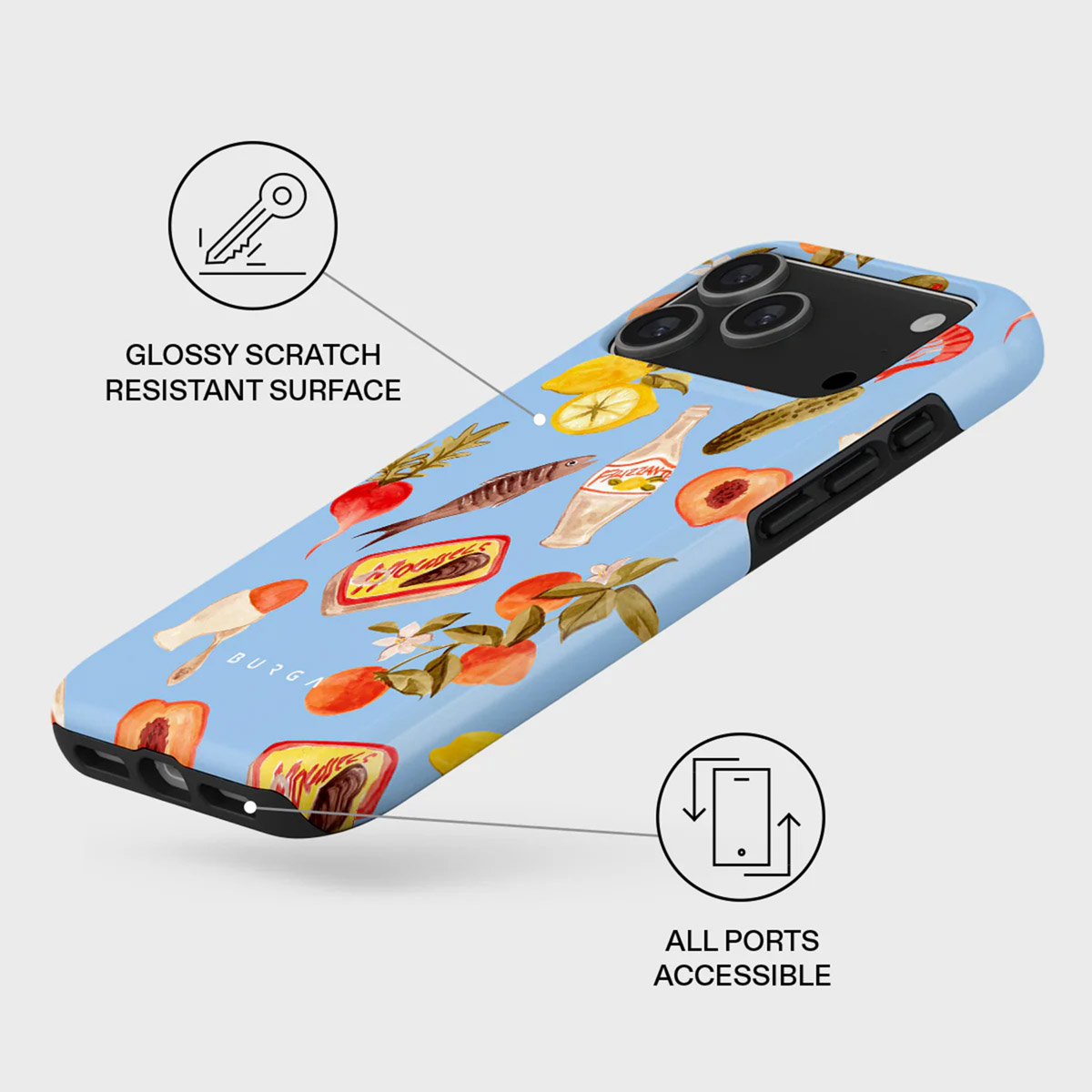 Een blauwe telefoonhoes met illustraties van fruit en voedsel. Inclusief citroenen, perziken, radijs, vis en een fles.