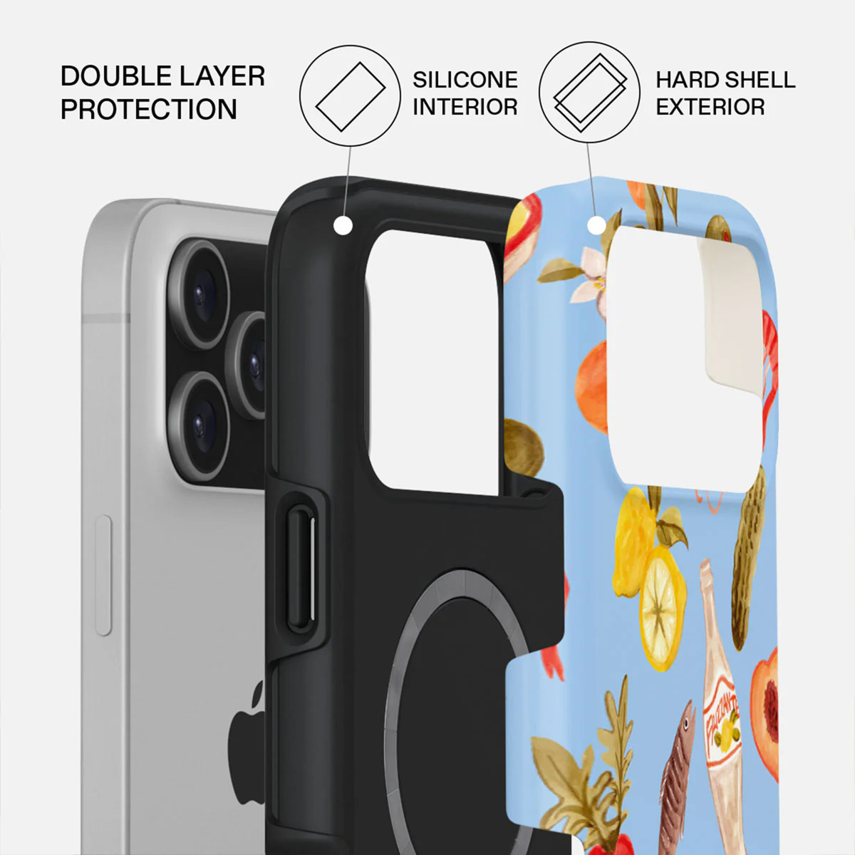 Telefoonhoeslagen: telefoon, zwart siliconen en blauwe harde schaal met fruit- en flesontwerp. Labels: dubbele laag bescherming, binnenkant, buitenkant.