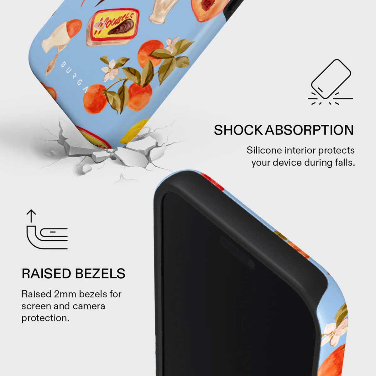 Een telefoonhoesje met een blauwe achtergrond, perzikontwerpen en de woorden 'RAISED BEZELS' en 'SHOCK ABSORPTION' zijn zichtbaar.