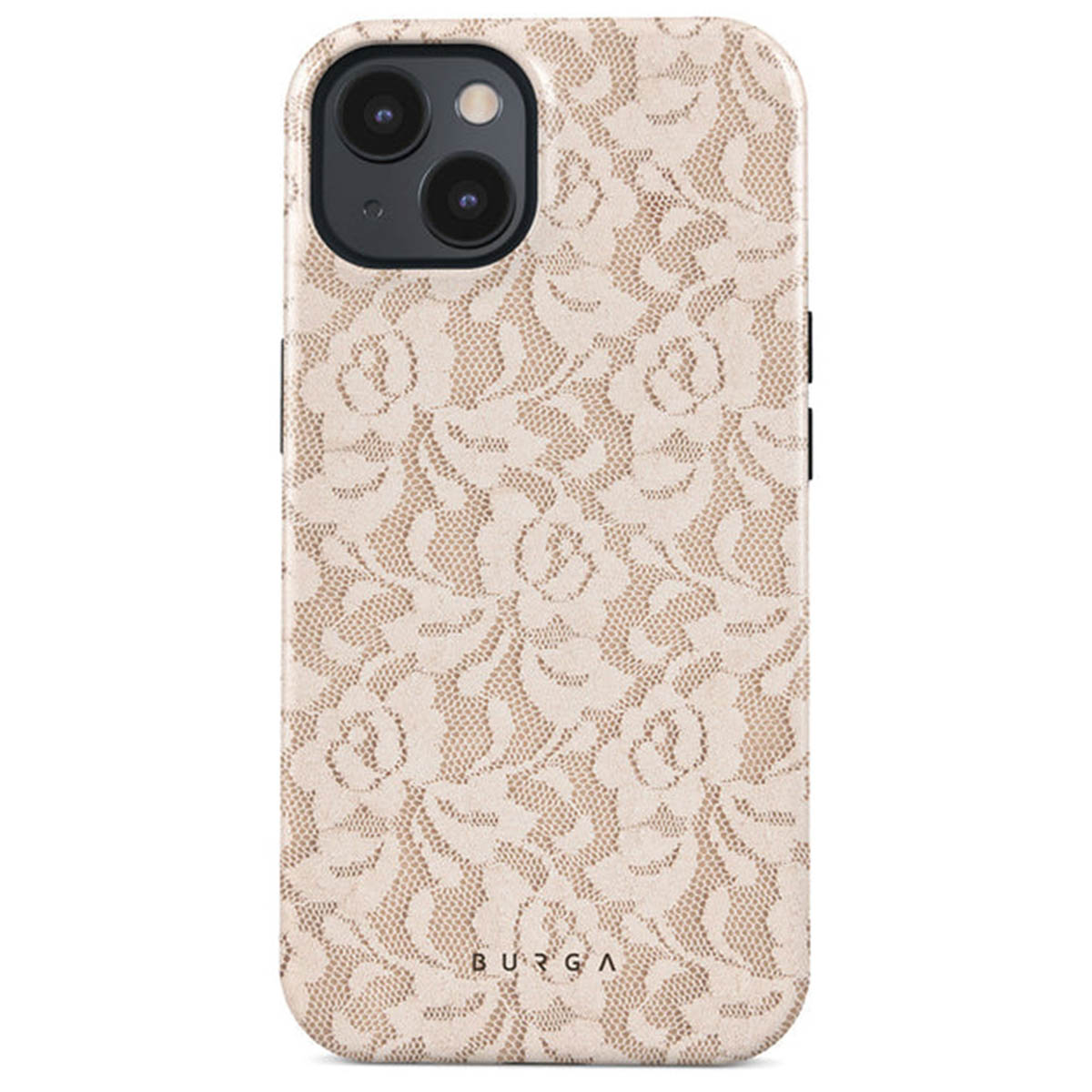 Een telefoonhoesje met een bloemen kanten patroon in beige en crème, met het merk 'BURGA' onderaan.