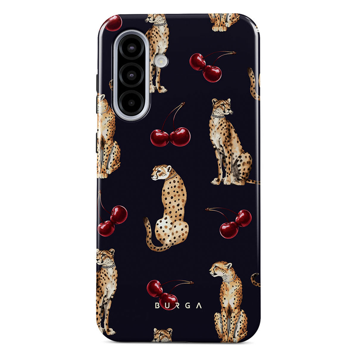 Telefoonhoesje met een patroon van cheeta's en kersen op een donkerblauwe achtergrond. Het woord BURGA is zichtbaar.