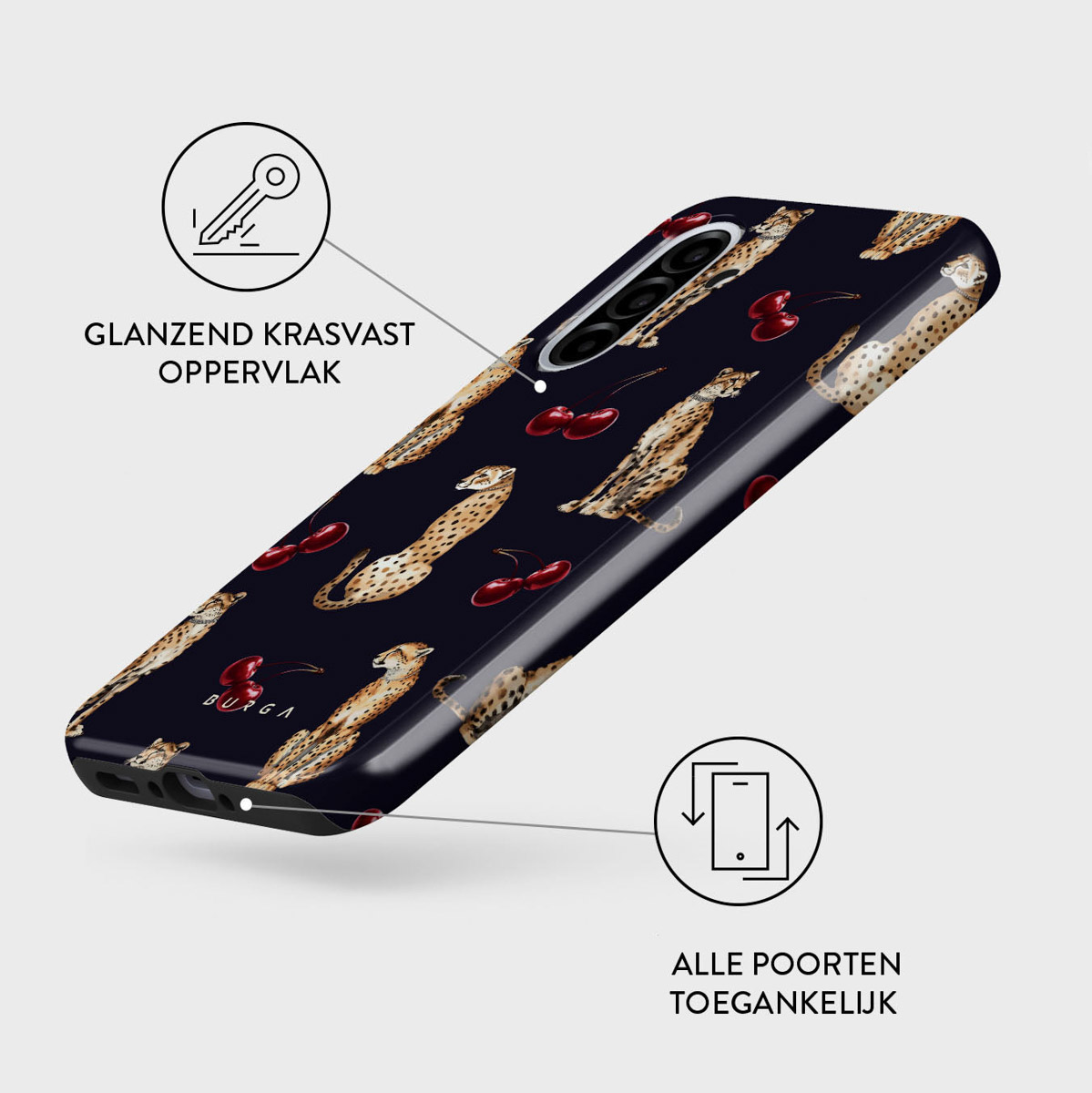 Telefoonhoesje met cheeta's en kersen op een donkere achtergrond. Bevat sleutel, telefoonpoort en glanzende oppervlakte labels.