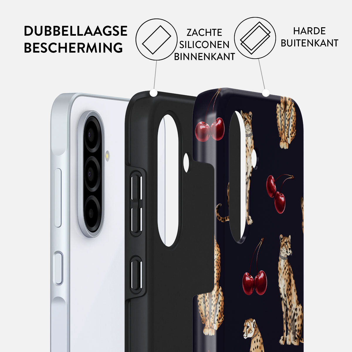Telefoonhoesje met een luipaard- en kersenpatroon. Het heeft dubbellaagse bescherming: zachte siliconen binnenkant en harde buitenkant.