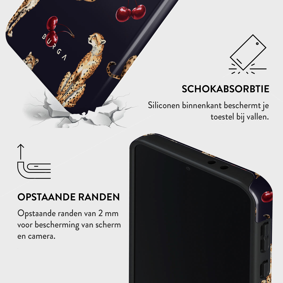 Telefoonhoesje met luipaard- en kersenpatroon. Met opstaande randen en schokabsorptie. Tekst in het Nederlands.