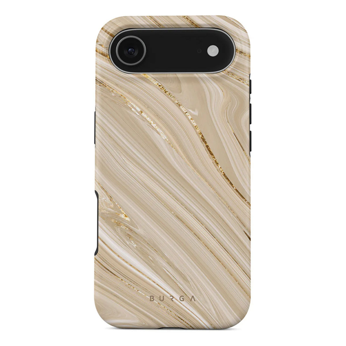 Une coque de téléphone avec un motif de marbre beige et des veines dorées. Elle a une caméra et la marque 'BURGA' en bas.