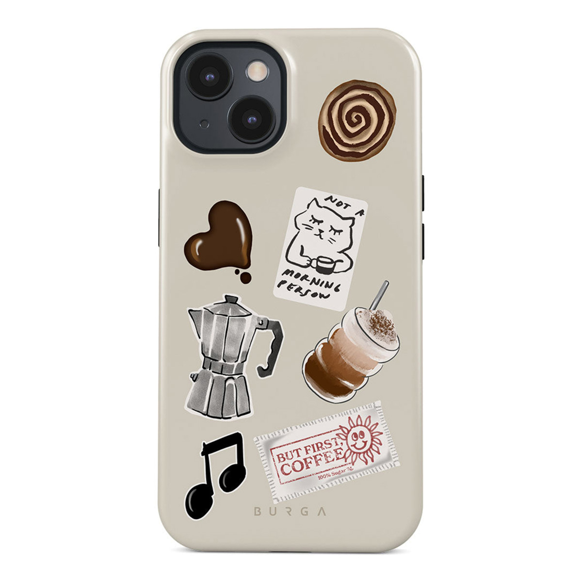 Een telefoonhoesje met koffiethema-stickers: een koffiepot, kat met koffie, koffiekopje, hart, kaneelbroodje, muzieknoot en een stempel.