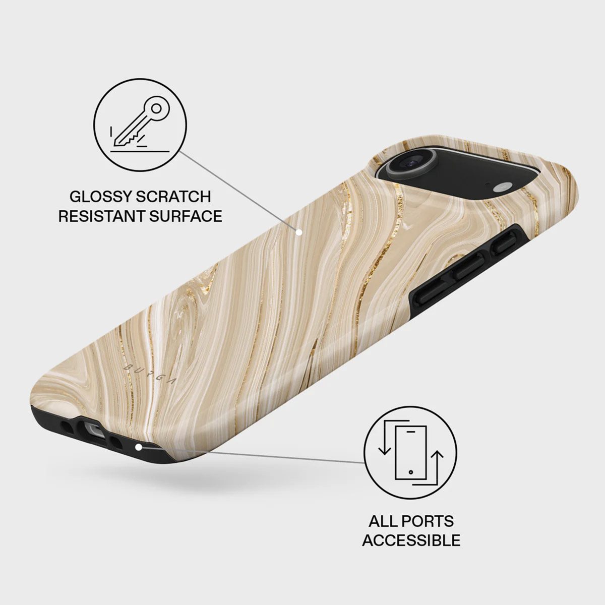 Une coque de téléphone avec un design en marbre. Elle a une surface brillante et résistante aux rayures. Accents noirs avec tous les ports accessibles.