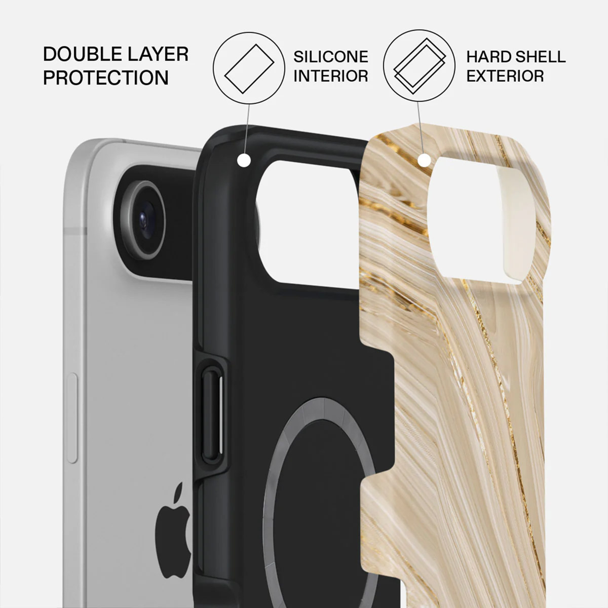 Couches de l'étui du téléphone : téléphone, intérieur en silicone noir, extérieur en coque dure à motifs. Textes : protection double couche, intérieur en silicone, extérieur coque dure.