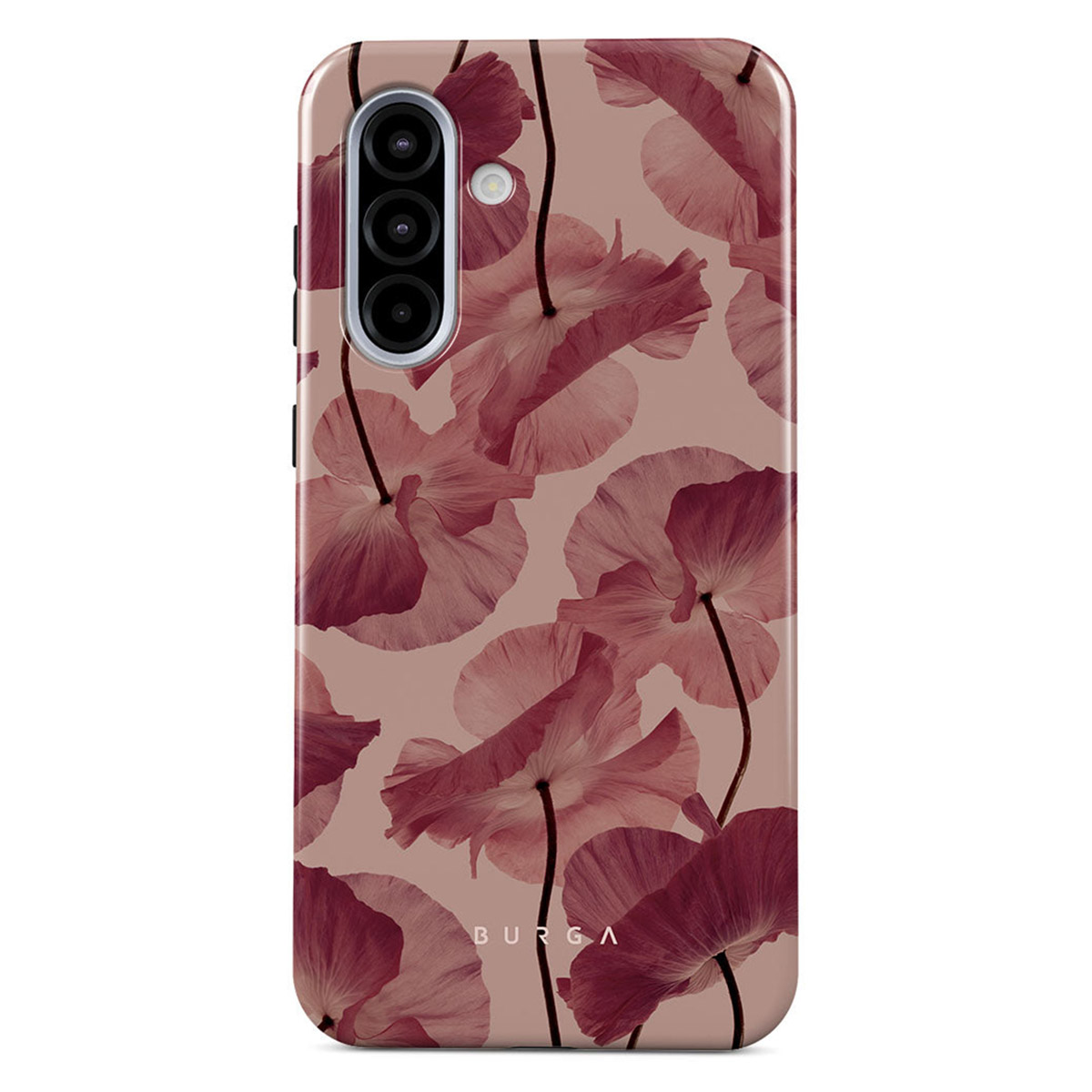 Een telefoonhoesje met een bloemdessin van donkerrode klaprozen op een lichtroze achtergrond, met camera bovenaan.